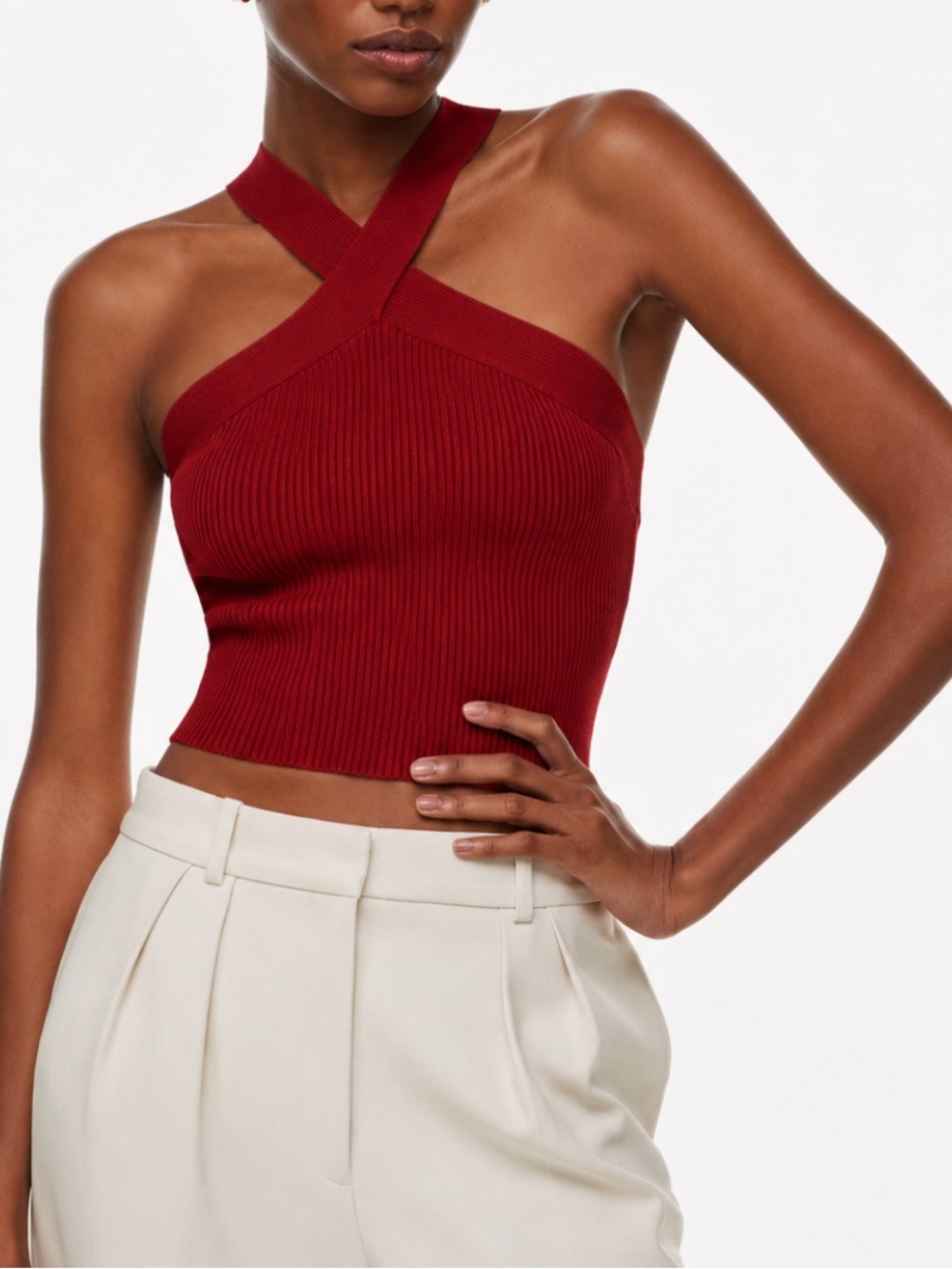 Aritzia Babaton Sculpt Knit Criss Cross Crop Going Out Top Corsa Red XS